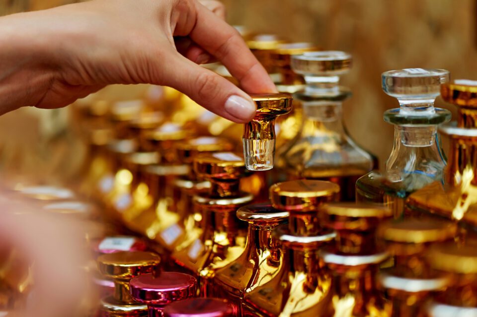 Glass,Perfume,Bottles,Based,Oils.,A,Bazaar,,Market.,Macro.,Gold